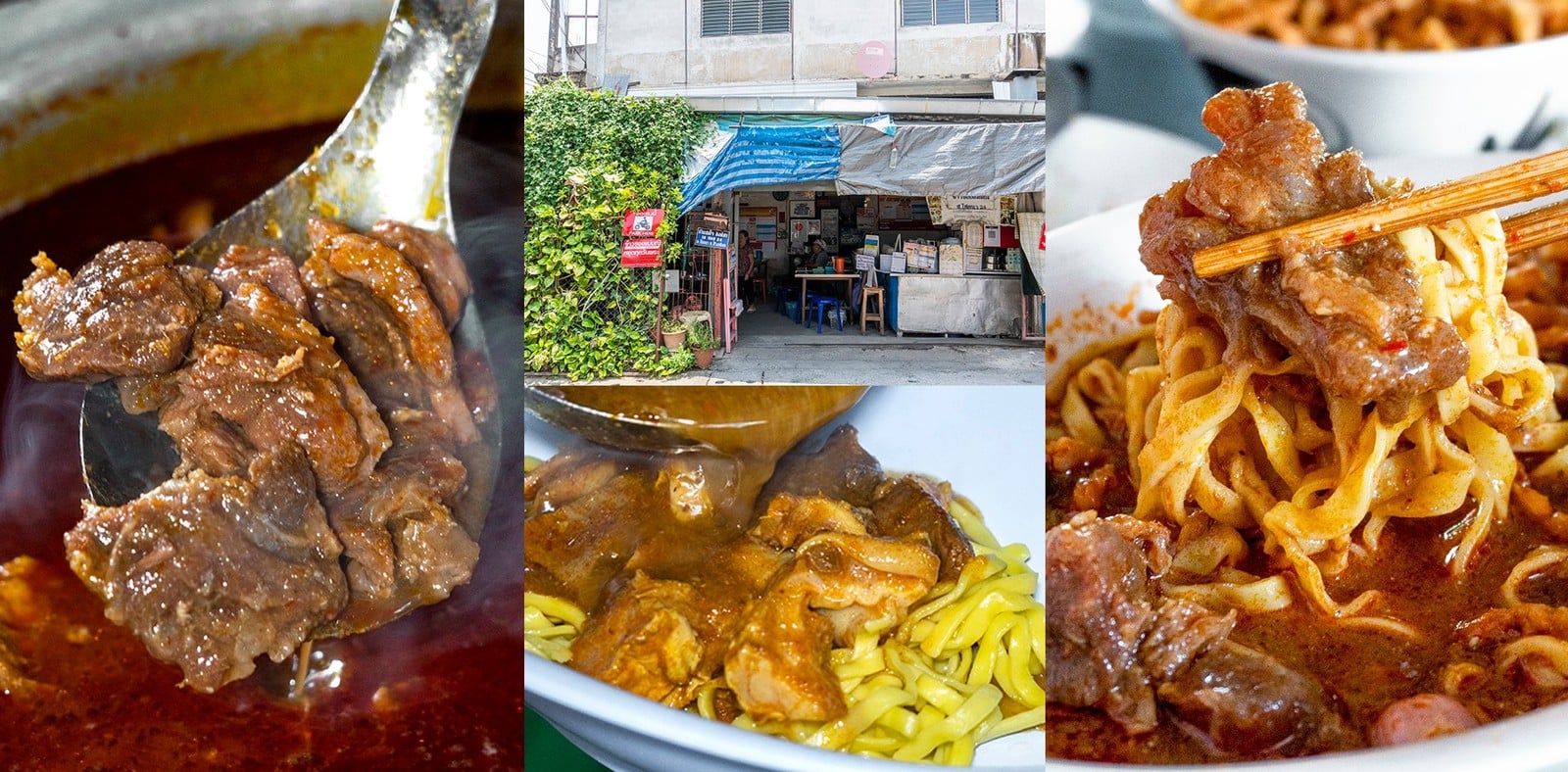 ข้าวซอยเนื้อและข้าวซอยไก่น้ำข้นของร้านข้าวซอยแม่มณี พร้อมภาพหน้าร้านบนถนนโชตนา