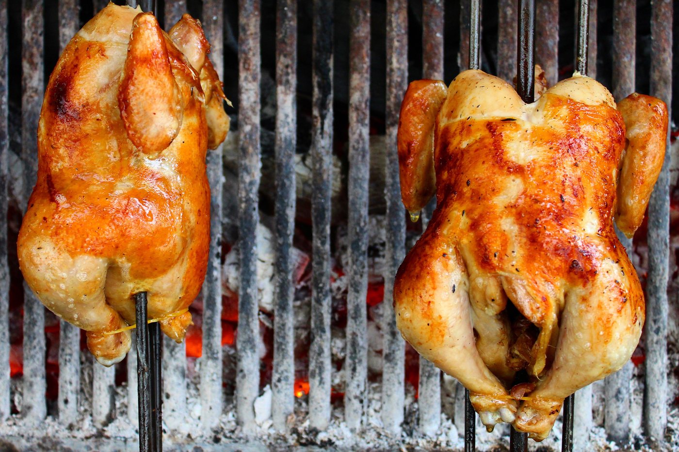 ไก่ย่างทั้งตัวสองตัวเสียบไม้ย่างบนเตาถ่านแบบตั้งของร้าน SP Chicken (ไก่ย่าง เอสพี) เชียงใหม่