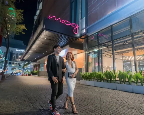 Social Hub lounge on floor 9 of Moxy Bangkok Ratchaprasong with games tables and co-working space