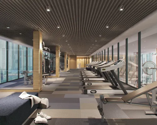 City-view fitness center at Somerset Rama 9 Bangkok with modern equipment