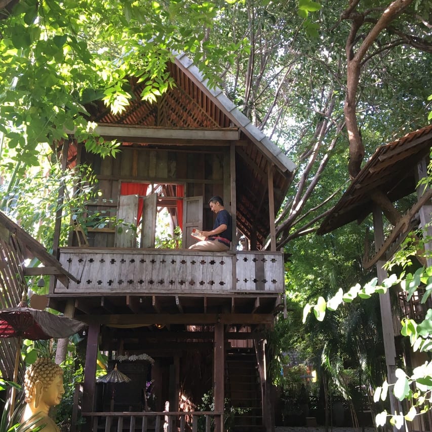 สระว่ายน้ำกลางแจ้งล้อมด้วยเรือนไม้และต้นไม้ร่มรื่น