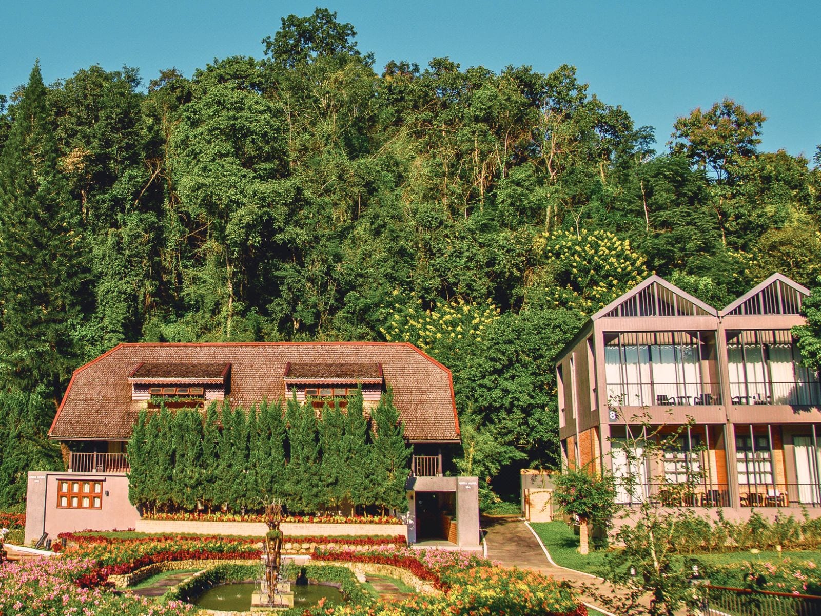 สระว่ายน้ำกลางแจ้งของ Flora Creek Chiang Mai มองออกไปเห็นแนวภูเขาหางดง