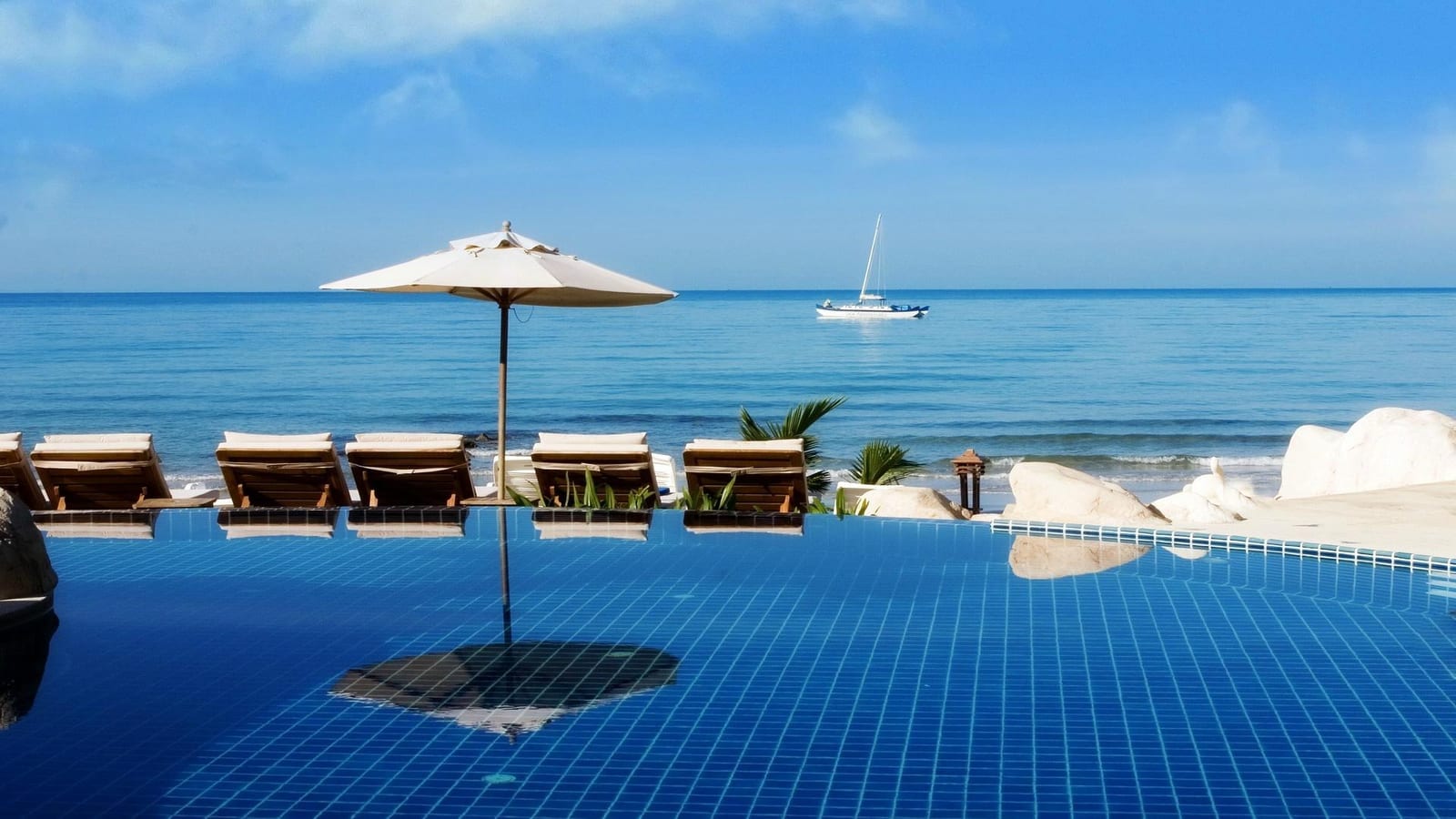 The scene along White Sand Beach in front of Kacha Resort & Spa, Koh Chang, with clear water and soft sand