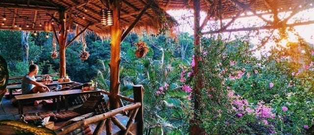 The restaurant and treehouse pavilion at Oasis Koh Chang looking out over forest and sea