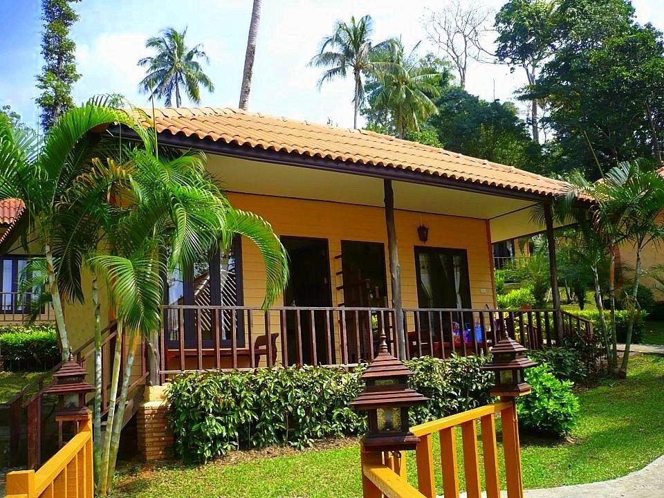 Bungalow balcony looking over Kai Bae village and the line of the Gulf of Thailand
