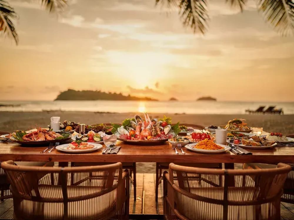 The resort's seaside restaurant, breakfast with a view of the offshore islands