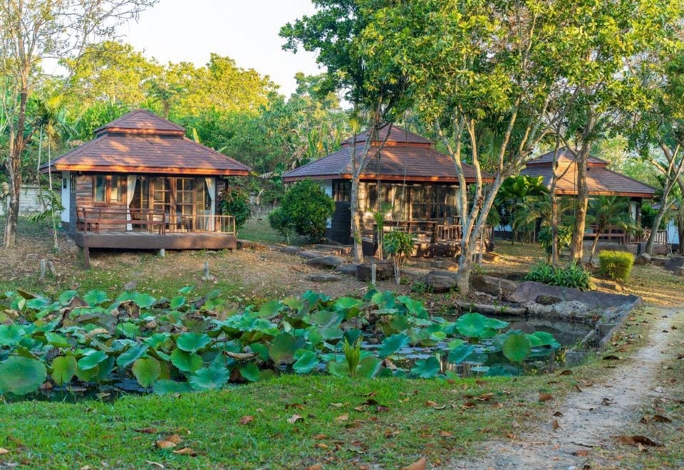 บรรยากาศโดยรวมของ De Bua Valley Resort วังน้ำเขียว พื้นที่กว้างเต็มไปด้วยต้นไม้และสวน