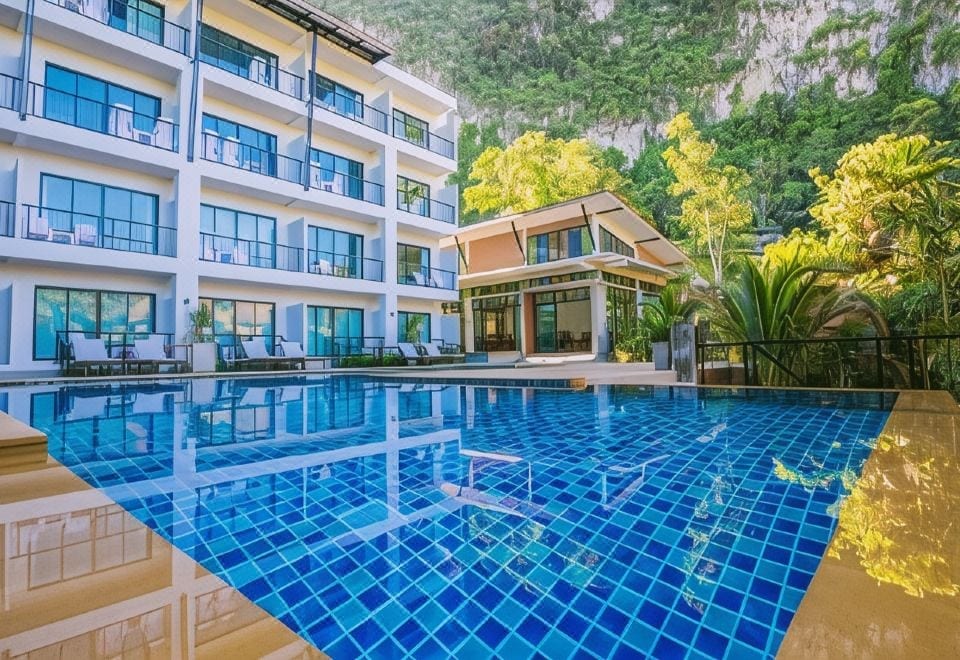 สระว่ายน้ำระบบน้ำเกลือกลางแจ้งของ Andaman Pearl Resort ท่ามกลางสวนและวิวเขาหินปูน