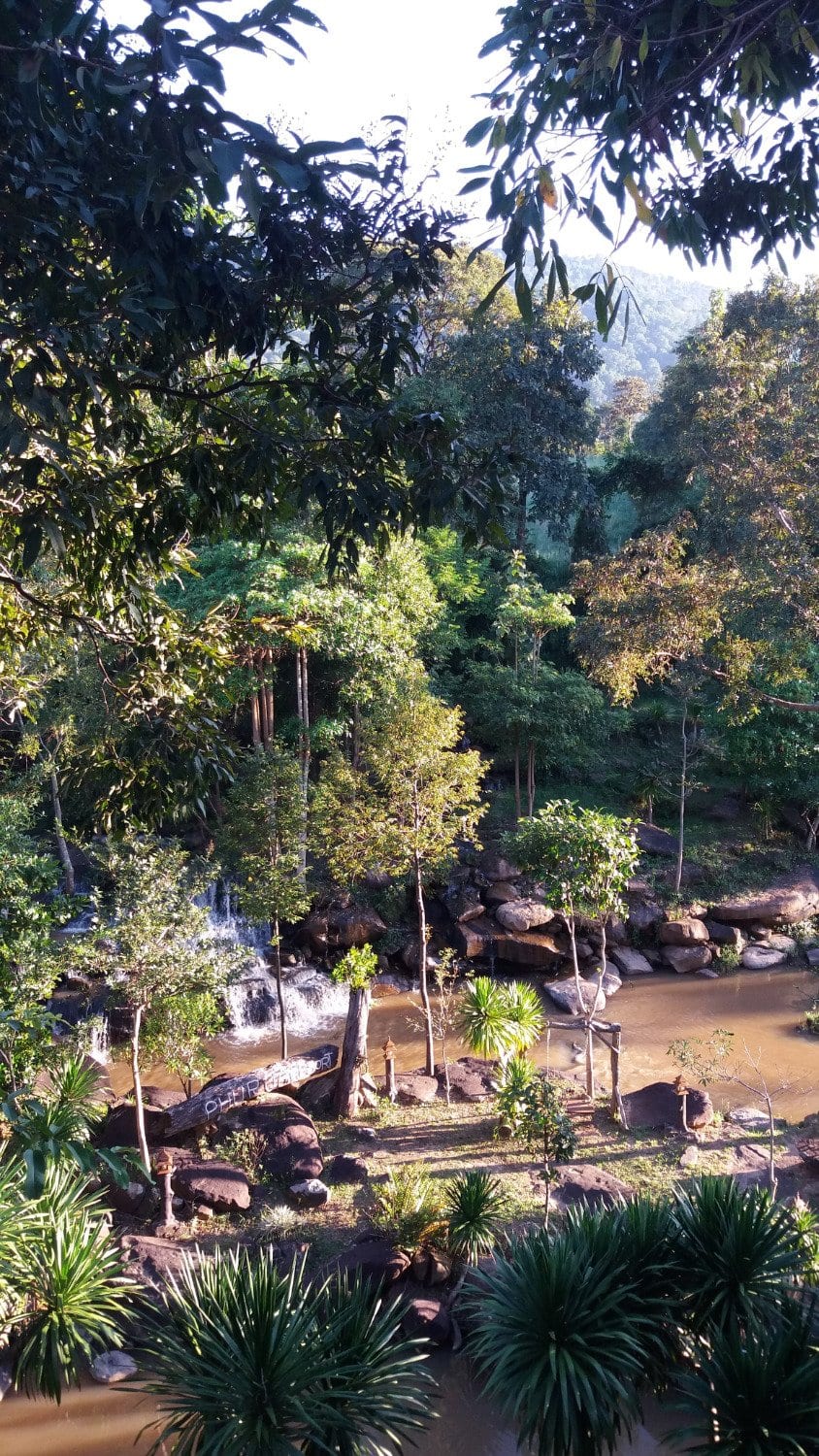 บังกะโลไม้ของ Phurua Resort ตั้งอยู่ในสวนริมเนินเขาบนภูเรือ