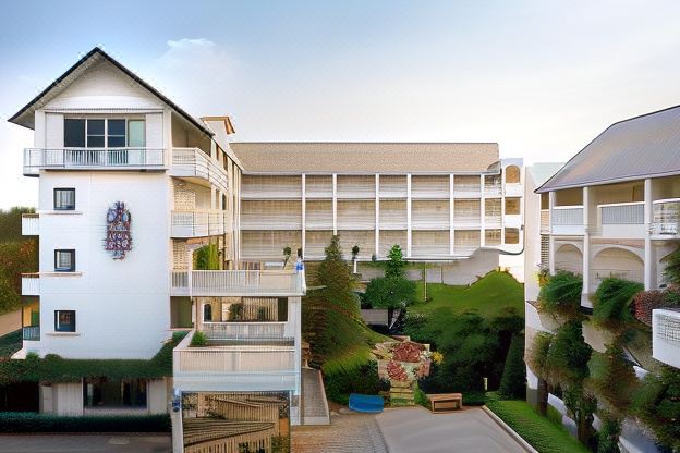อาคารสีขาวสไตล์โคโลเนียลของ Koranaree Courtyard ล้อมสวนคอร์ทยาร์ดสีเขียว