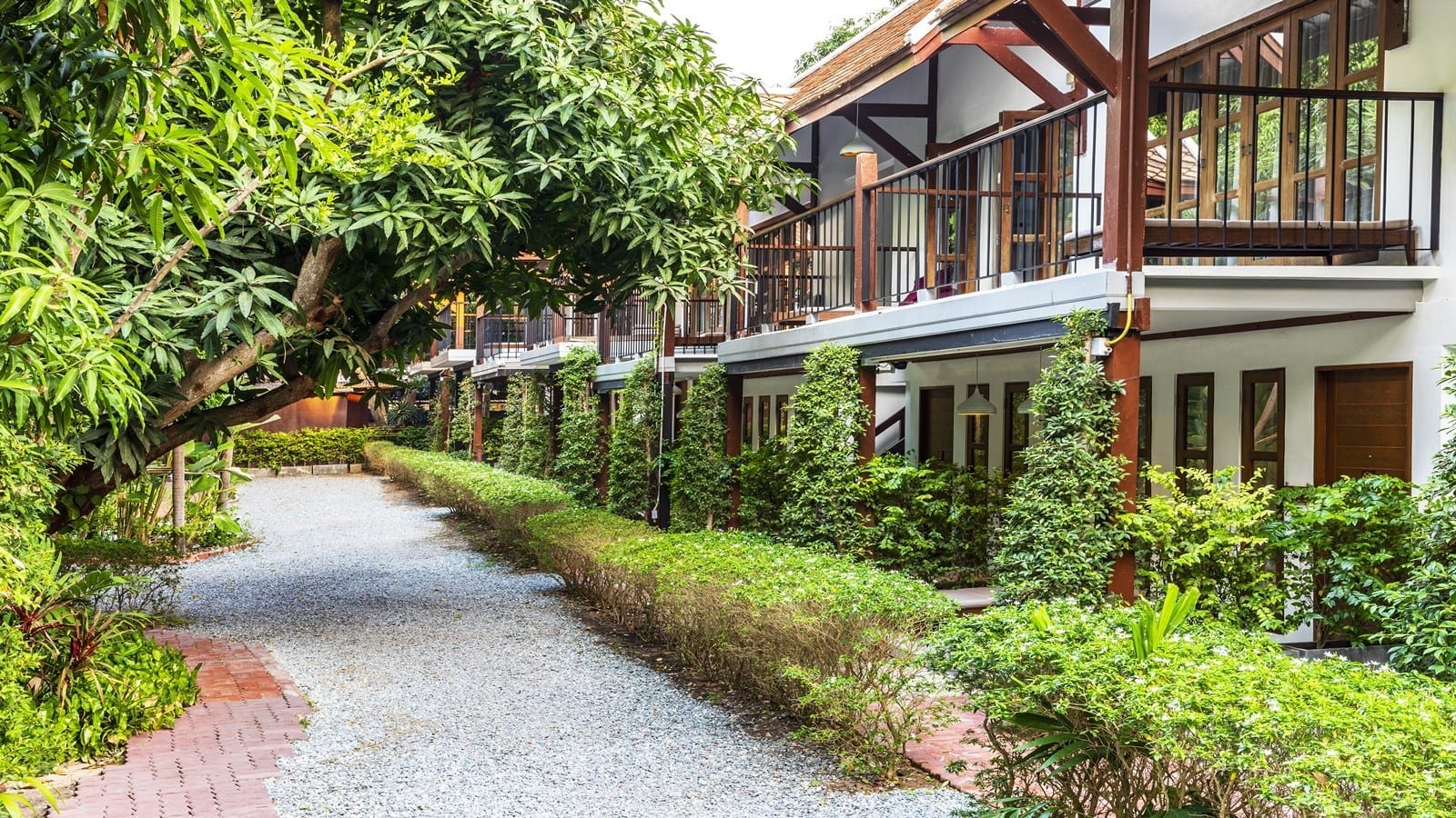 ทางเดินในสวนเลียบอาคารห้องสวีทสไตล์รีสอร์ตของ The Monttra Pattaya ท่ามกลางพรรณไม้เขียวชอุ่ม