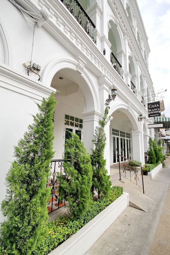 คาเฟ่และคอร์ตยาร์ดสวนในตัวของ Casa Blanca น้ำพุปูนปั้นและผนังไม้เลื้อยเขียว