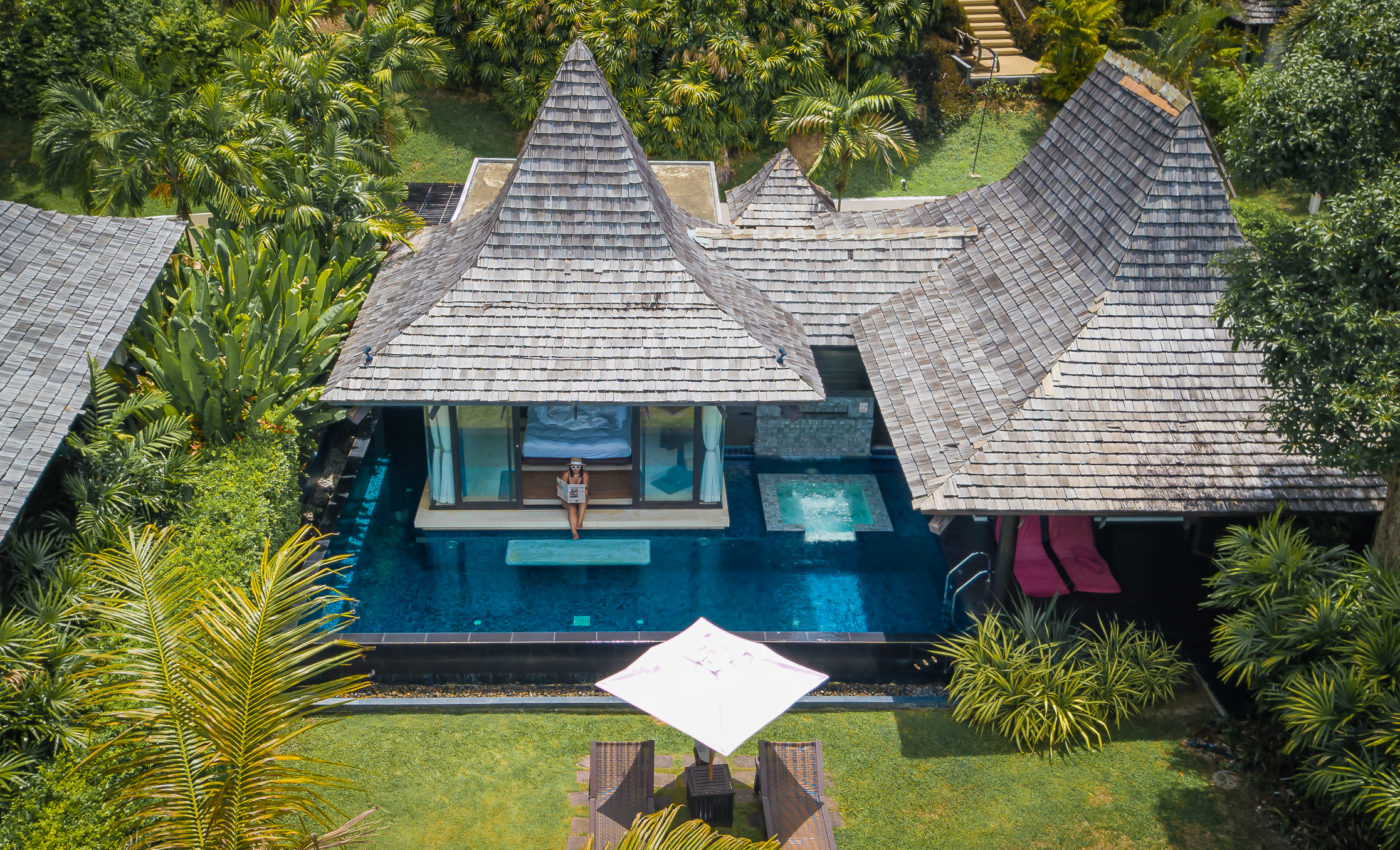 Overhead view of a Pool Villa at The Vijitt Resort Phuket, with its southern-Thai timber roof and a private plunge pool