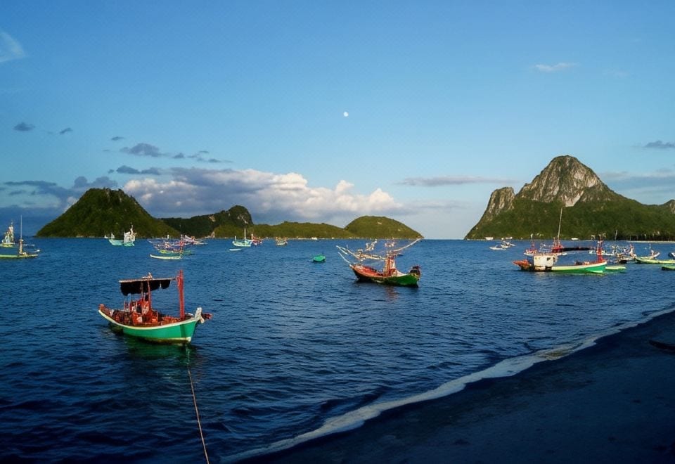 วิวอ่าวประจวบและเขาช่องกระจกจากระเบียงเรือนพักของ SeeSea Guesthouse ยามเช้า