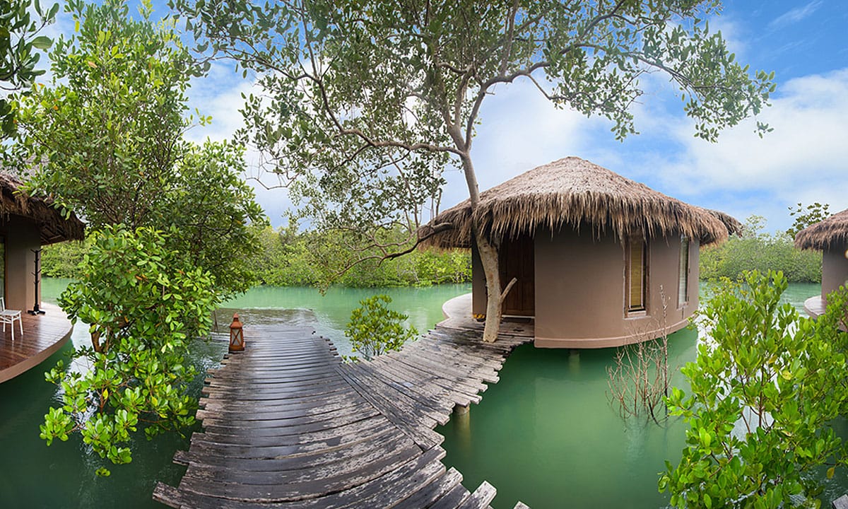 บังกะโลทรงกลมหลังคามุงจากของ The Blue Sky Resort ตั้งอยู่ในป่าโกงกางริมน้ำ