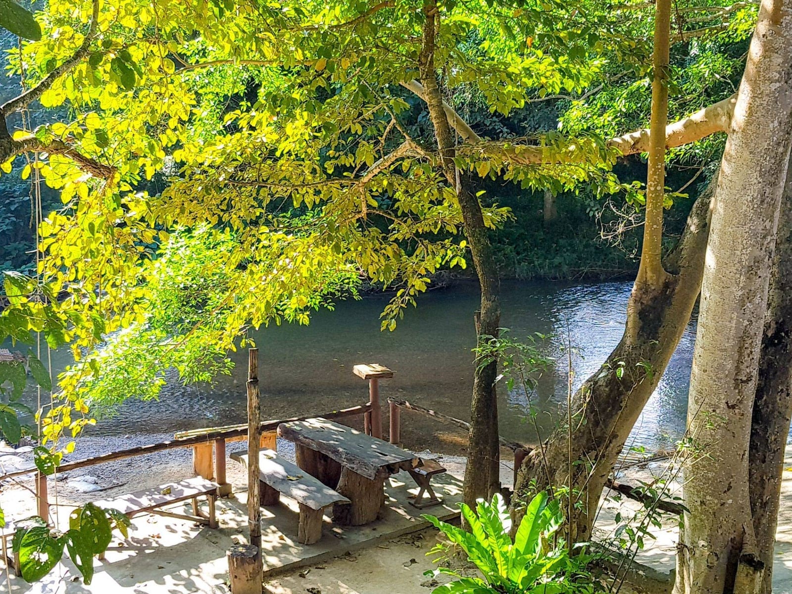 ลานริมลำน้ำภาชีของ Pribpandao Home & Camping มีโต๊ะม้านั่งไม้ใต้ร่มไม้มองเห็นสายน้ำ