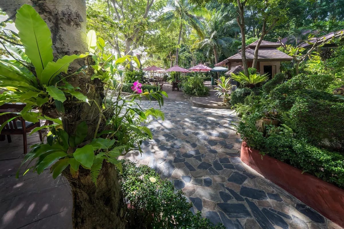 ทางเดินปูหินและสวนเขตร้อนร่มรื่นกลางหมู่มะพร้าวภายใน Samed Villa Resort หาดอ่าวไผ่ เกาะเสม็ด