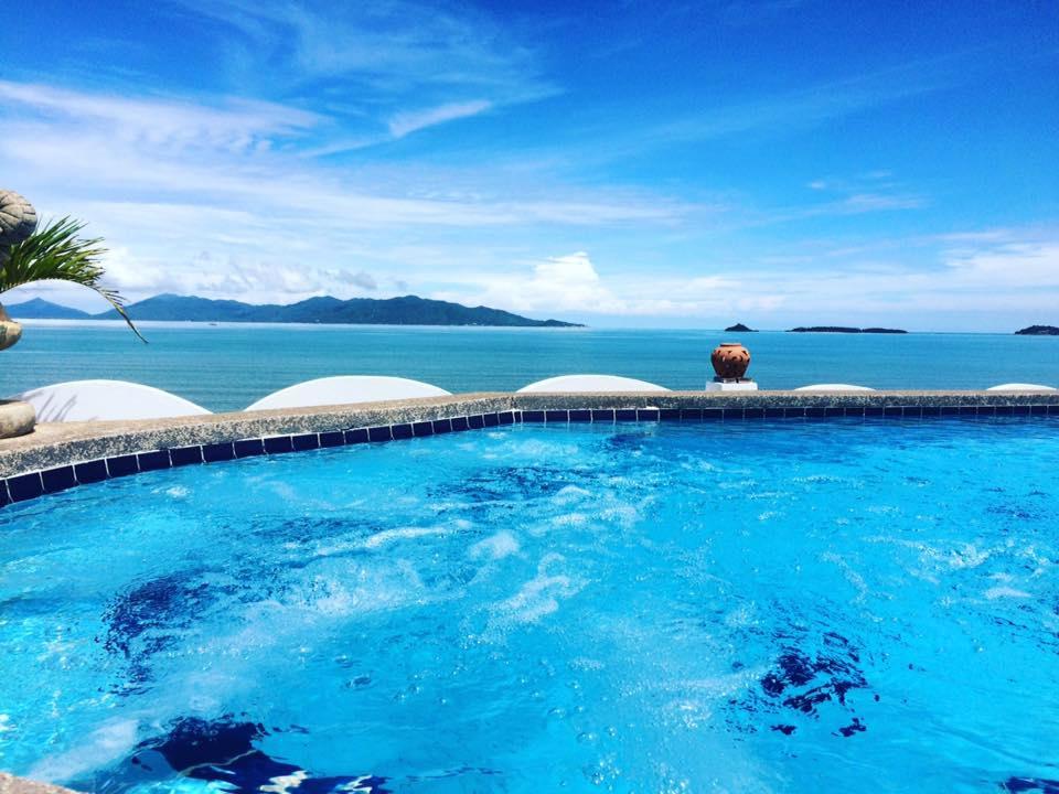 The rooftop pool at Hacienda, overlooking Bophut bay and turquoise sea