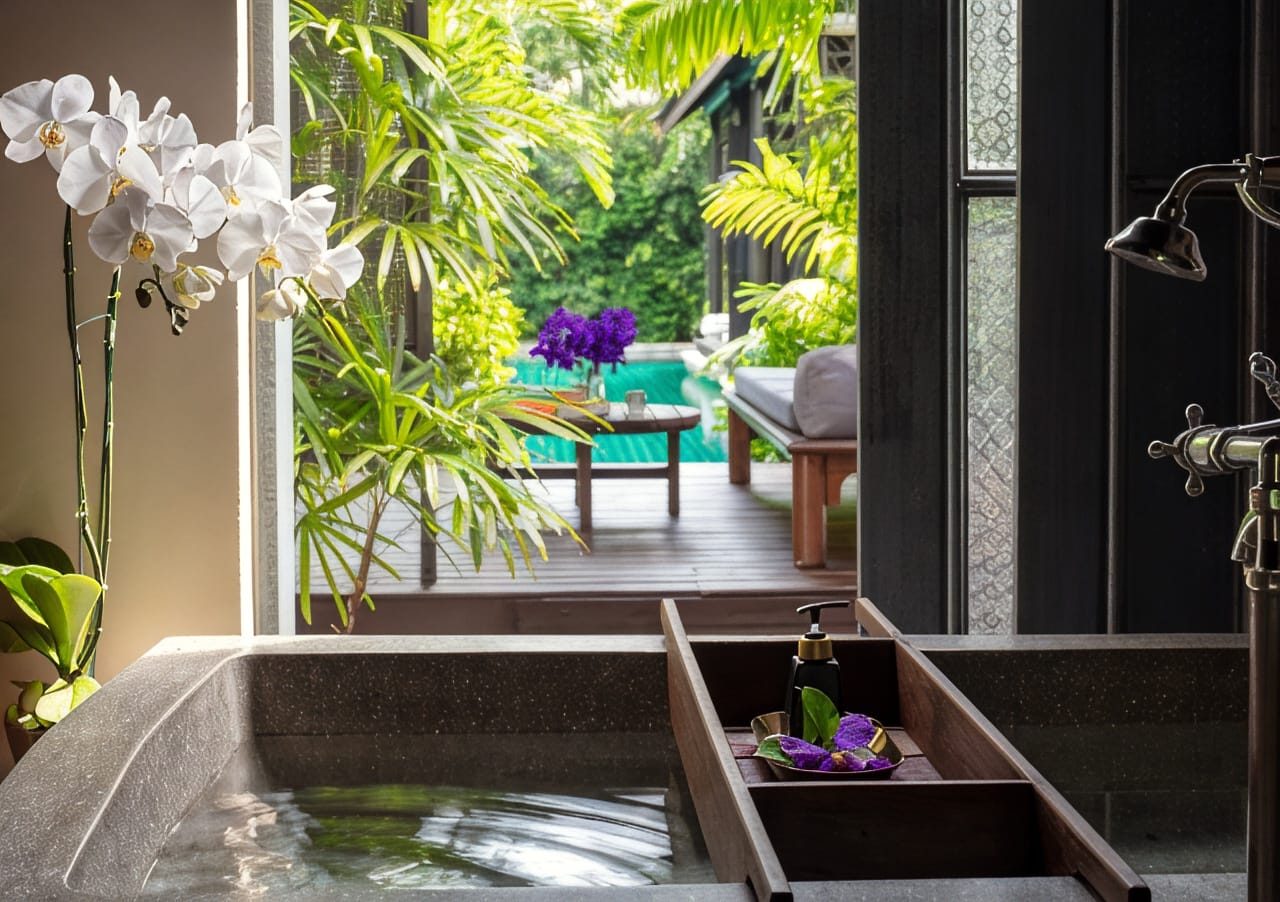 สระว่ายน้ำริมหาดของ Anantara Lawana Koh Samui มองออกไปเห็นทะเลอ่าวไทย