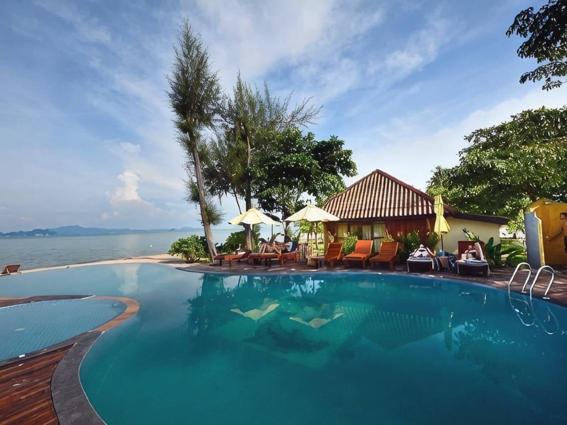 บังกะโลไม้ของ Thiwson Beach Resort ปลูกอยู่บนหาดทรายริมทะเลอ่าวพังงา